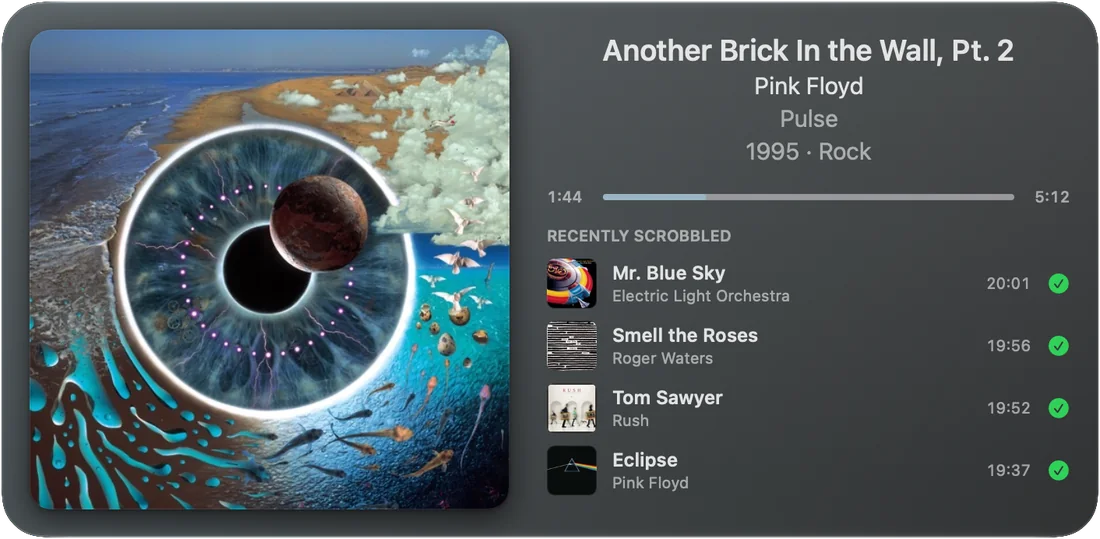 Widget Extra Large: capa à esquerda, faixa atual, progresso e scrobbles recentes à direita