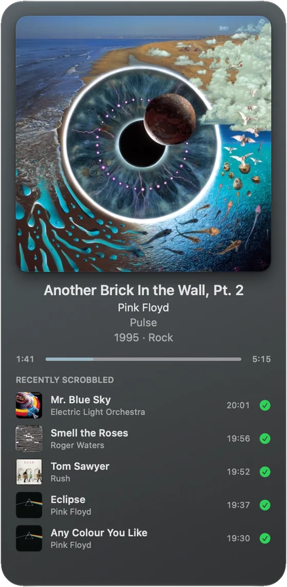 Widget Extra Large Portrait: capa, faixa atual, progresso e cinco scrobbles recentes